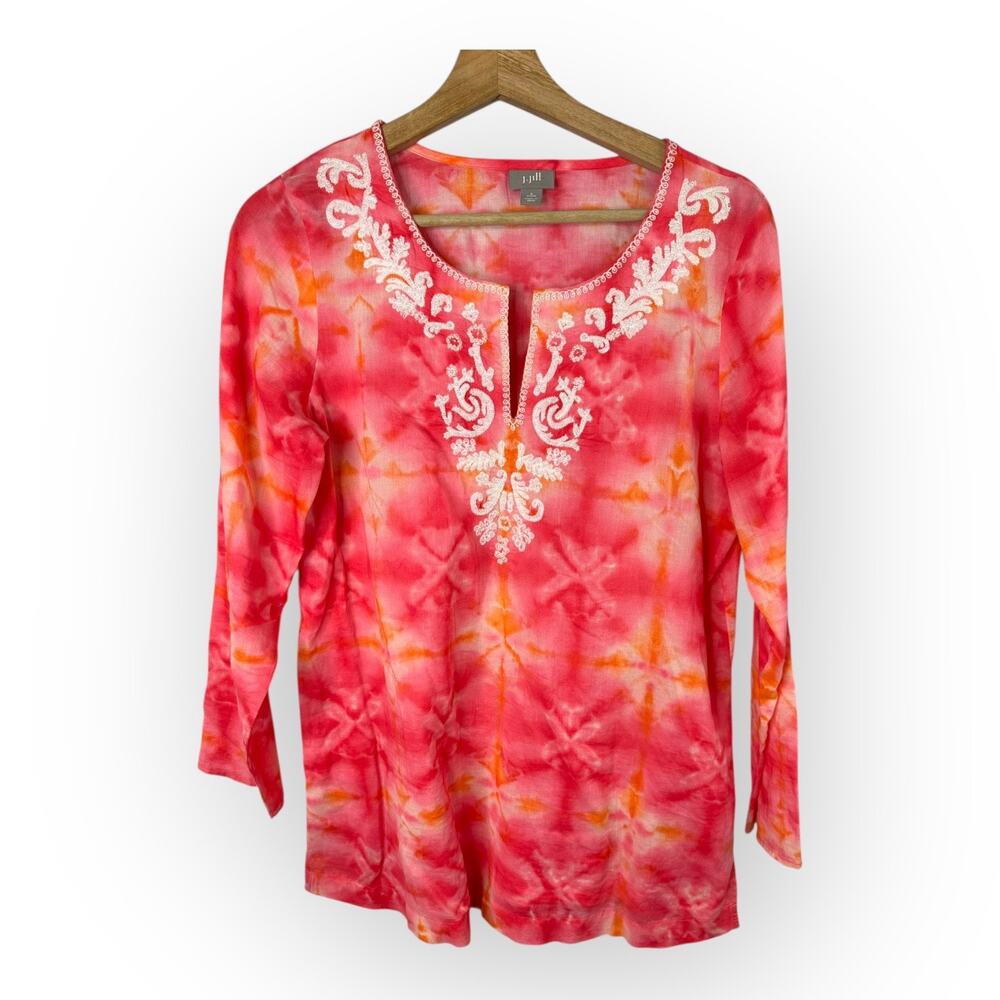 J Jill Womens Small Petite Tie Dye Beaded Embroidered Long Sleeve Tunic Top